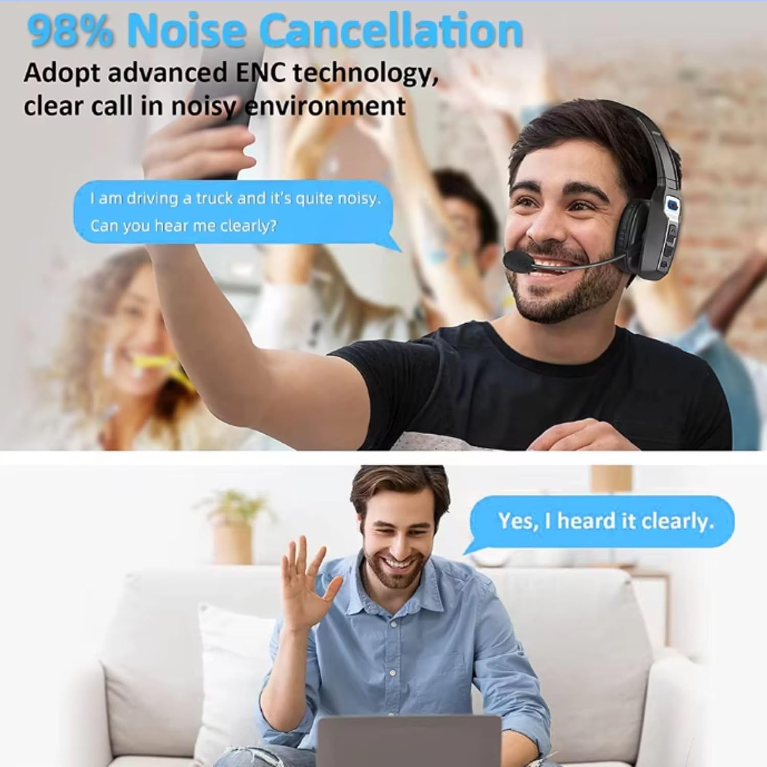 Bluetooth Headset with Microphone, Trucker Bluetooth Headset with AI Noise Cancelling & Mute Button, Wireless On-Ear Headphones 60 Hrs Working Time, for Trucker Home Office Remote Work Zoom