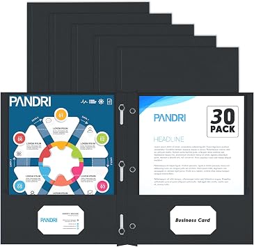 PANDRI 30 Pack Two Pocket Paper Folders with Prongs, Letter Size Black