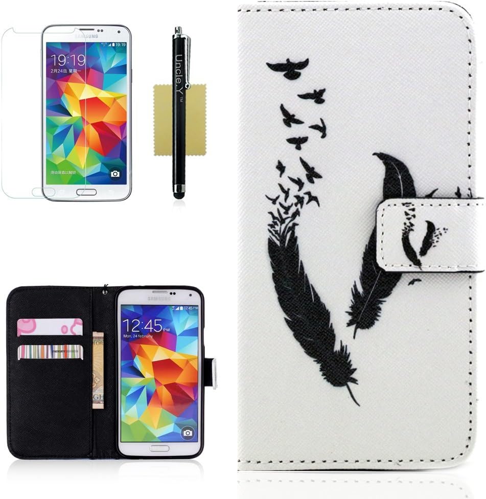 Galaxy S5 Case,S5 Case #Uncle.Y Flip Wallet Case Colorful Design with Credit ID Card Slots and Stand Holder for Samsung Galaxy S5(Black Feather)