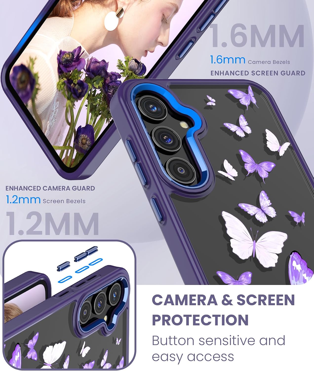 for Samsung Galaxy A35 5G Case+Tempered Glass Screen Protector,Military Grade Protective Slim Soft TPU & Hard PC,Girls Women Crystal Clear Flower Pattern Case Cover for A35 5G-Purple Butterfly image 3