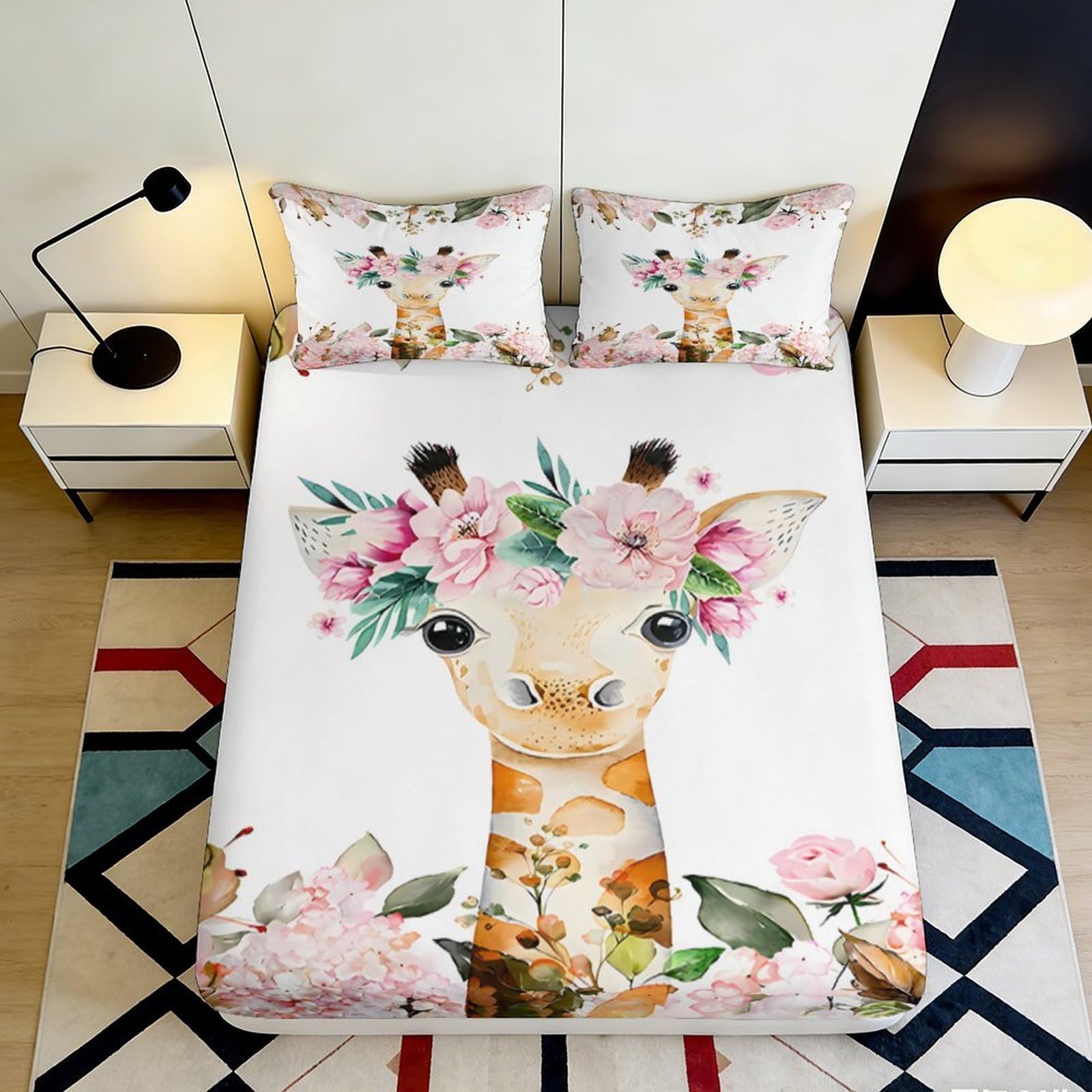 3D Printed Floral Giraffe Fitted Sheet Microfiber Soft Breathable Cartoon Bed Cover for Bedroom Guest Room Mattress Decor 90x200x25cm