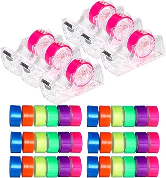 36 Roll Removable Highlighter Tape with Dispenser, 0.7" x 288" Transparent Colored Tape with Mini Refillable Dispenser, Invisible Tape Strips for Book Office Home 6 Sets