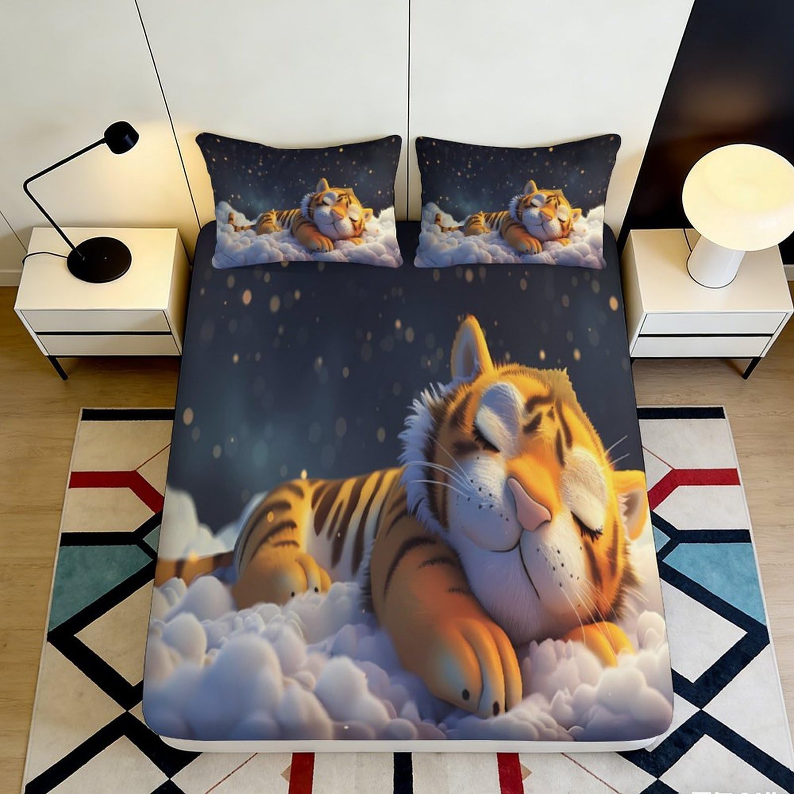 3D Printed Dream Tiger Fitted Sheet Microfiber Deep Pocket Non-Slip Bedroom Bedding Cloud Mattress Fitted Cover for Adults Teens 180x200x25cm