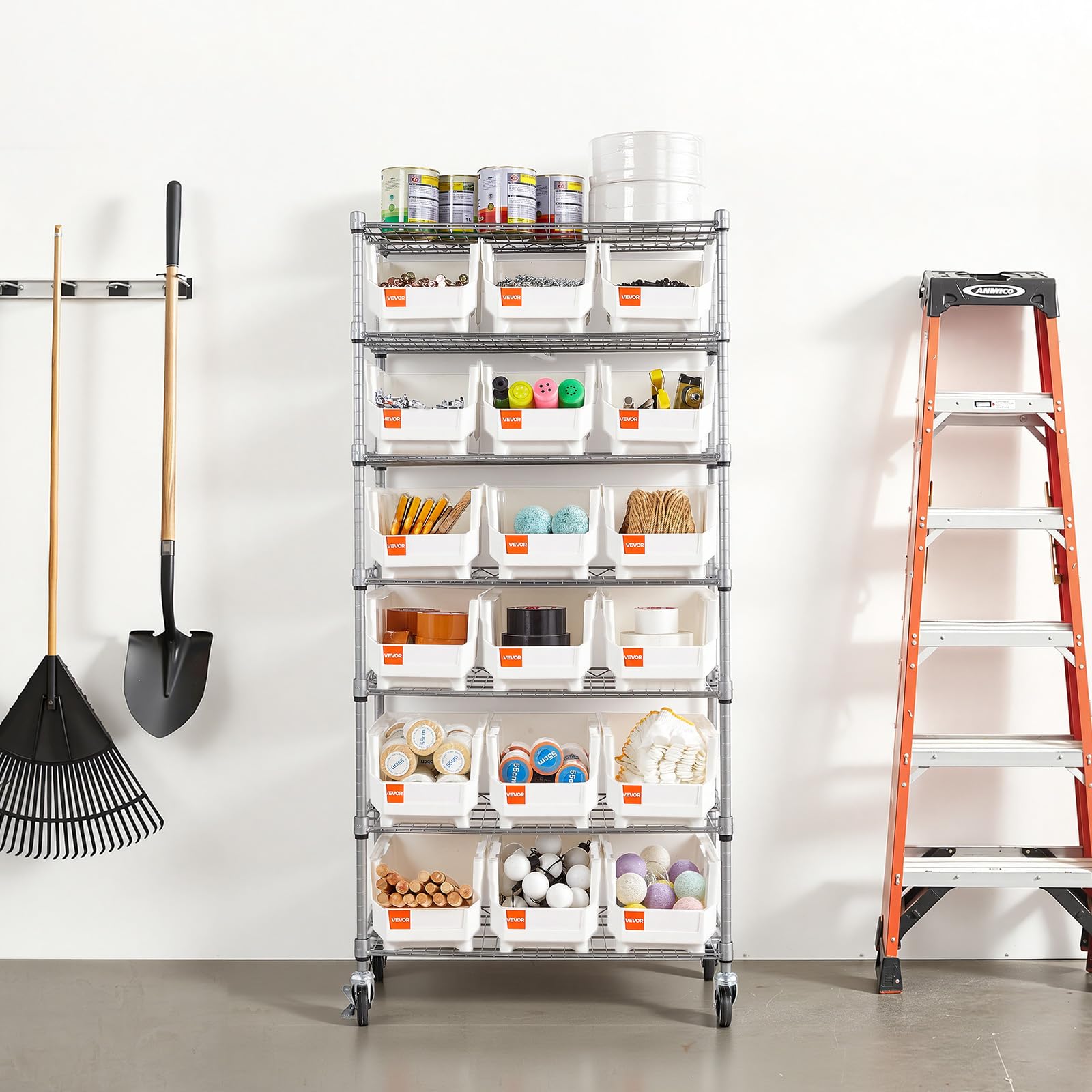 VEVOR Étagère de Rangement Mobile 7 Niveaux Rayonnage sur roulettes 18 Bacs pour Garage, Entrepôt, Bureau, Restaurant, Salle de Classe, Cuisine, en Fil d'acier, avec roulettes Pivotantes et 2 Freins