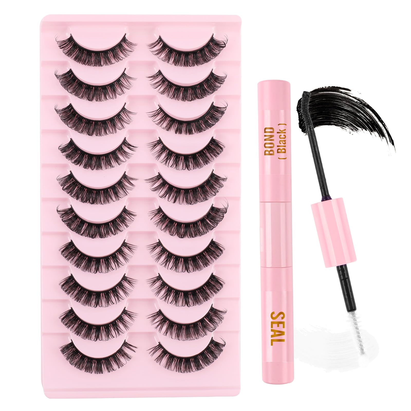 Poiuyoiu 10 pares de pestañas postizas rusas con pegamento y sello para pestañas DIY en casa efecto ojo de gato 3D D rizo tenue reutilizable