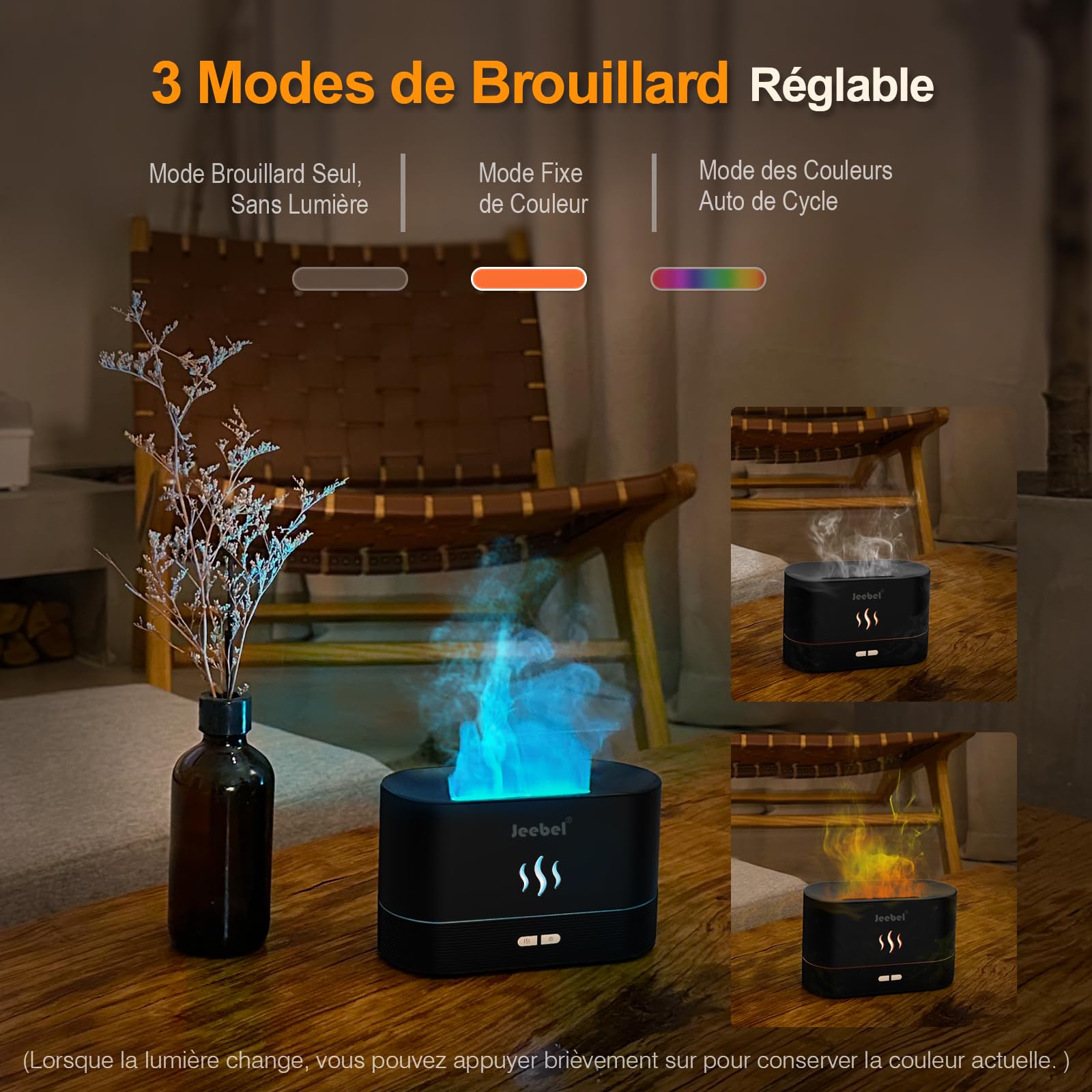 Jeebel Diffuseur d'Huile Essentielle 180ml Mini Humidificateur Ultrasonique d'air Arôme, Lumière de Atmosphère Nocturne de Effet Spécial Simulation Flame pour Aromathérapie Parfum de Maison Chambre