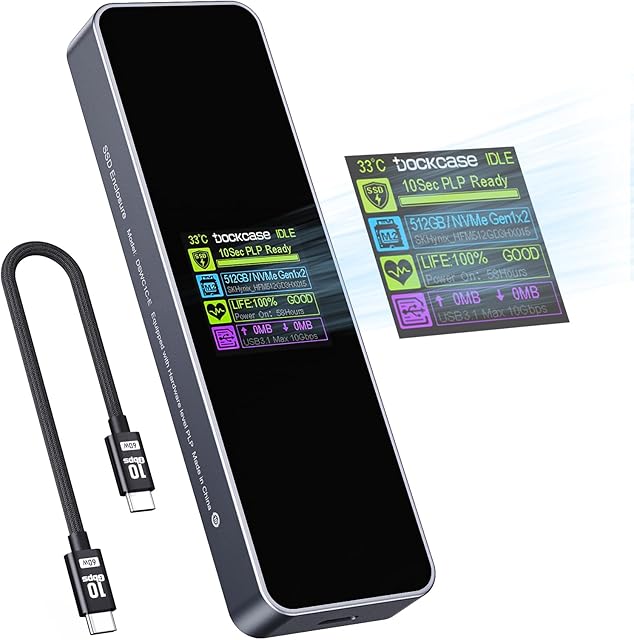 DOCKCASE Smart M.2 NVMe Enclosure, 10s Power Loss Protection, Disk Life Detection 10Gbps M2 SSD Enclosure USB 3.2 Gen 2 SSD Caddy for 2230/2242/2260/2280 M.2 NVMe SSD of M-Key or M+B Key