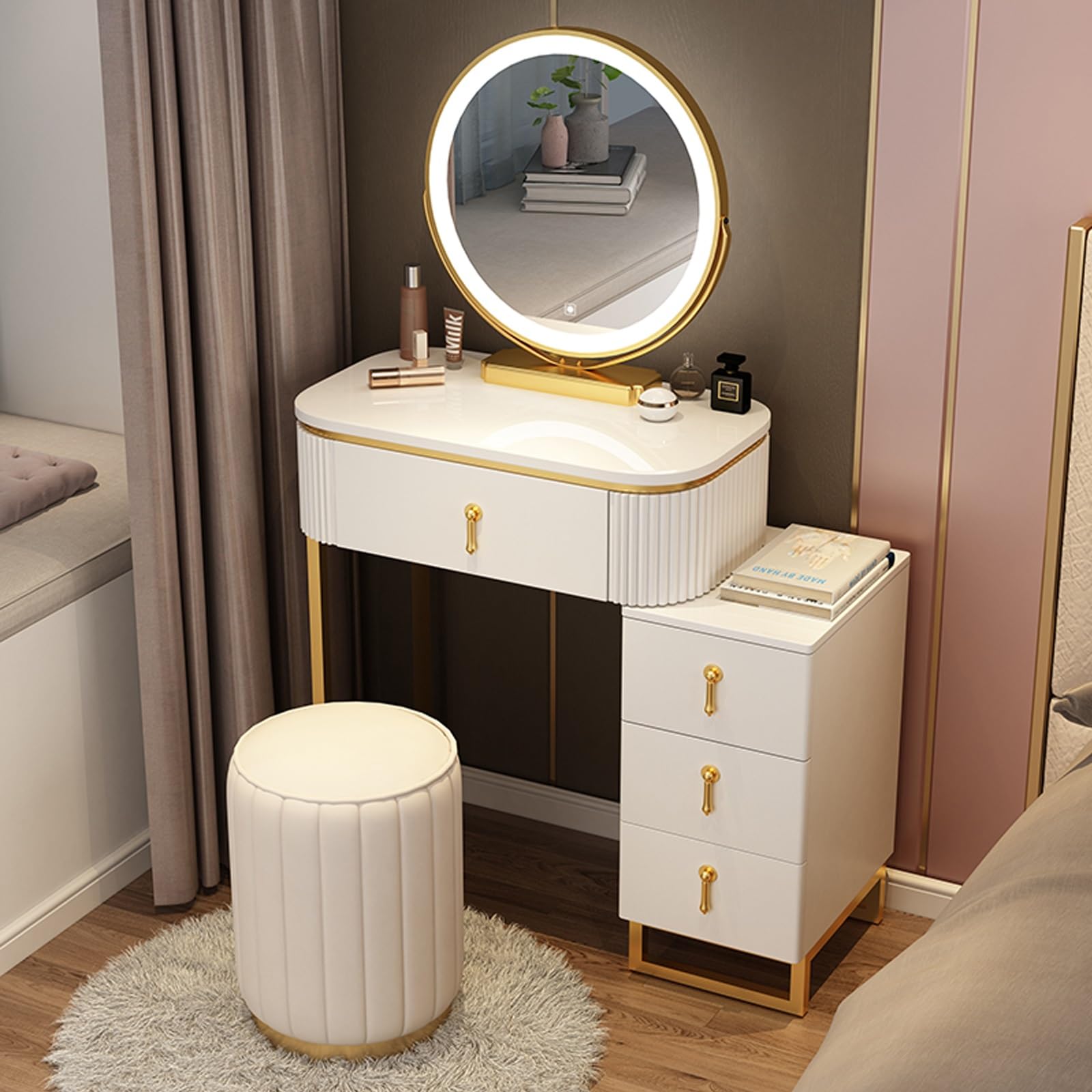 CGCSYZ Vanity Desk Set with Illuminated Mirror Makeup Table & Chair Space Saving Dressing Table for Girls' Bedroom Grey 23.6in Stylish & Functional Storage Solution(White-27.6in)