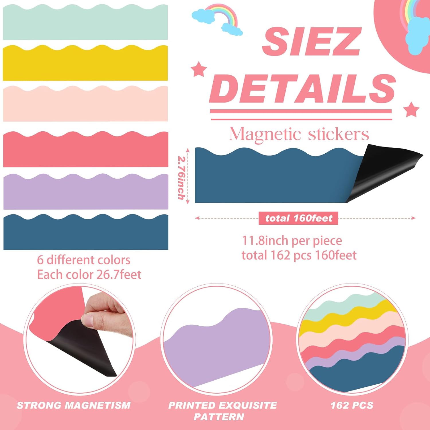 Tenceur 162 Pcs Magnetic Bulletin Board Borders for Classroom Bulletin Boarder Trim for Whiteboard Decorations Scalloped Trim Colorful Office Home Use Spring Summer Decor(Fresh Color)