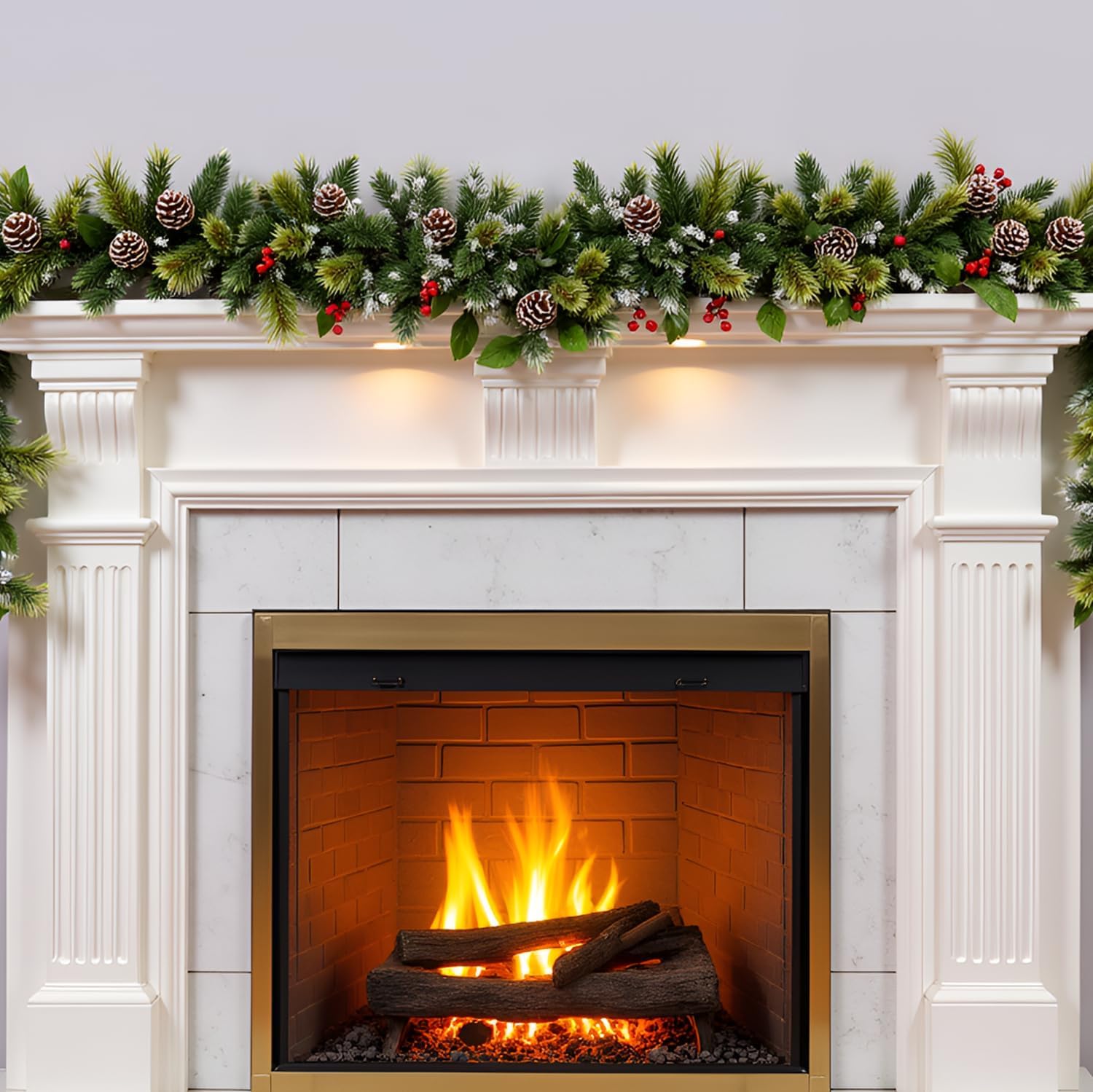 9ft Christmas Garland with Lights,Lighted Artificial Flowering Pine Garland for Mantle,Prelit Faux Green Christmas Winter Garland with Pine Cones and Red Berry for Indoor Outdoor Decor