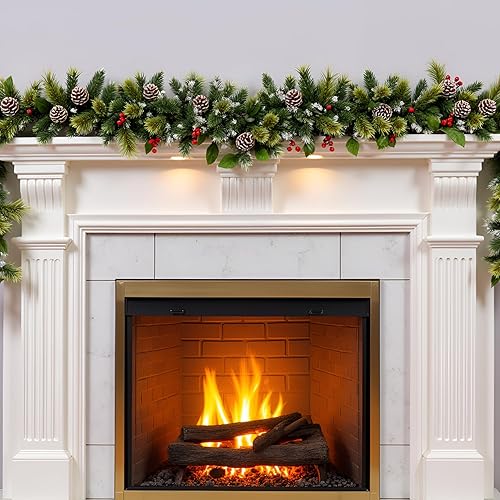 Miniatura 6 de Guirnalda de Navidad de 9 pies con luces, guirnalda de pino artificial iluminada para manto, guirnalda de invierno de Navidad verde sintética