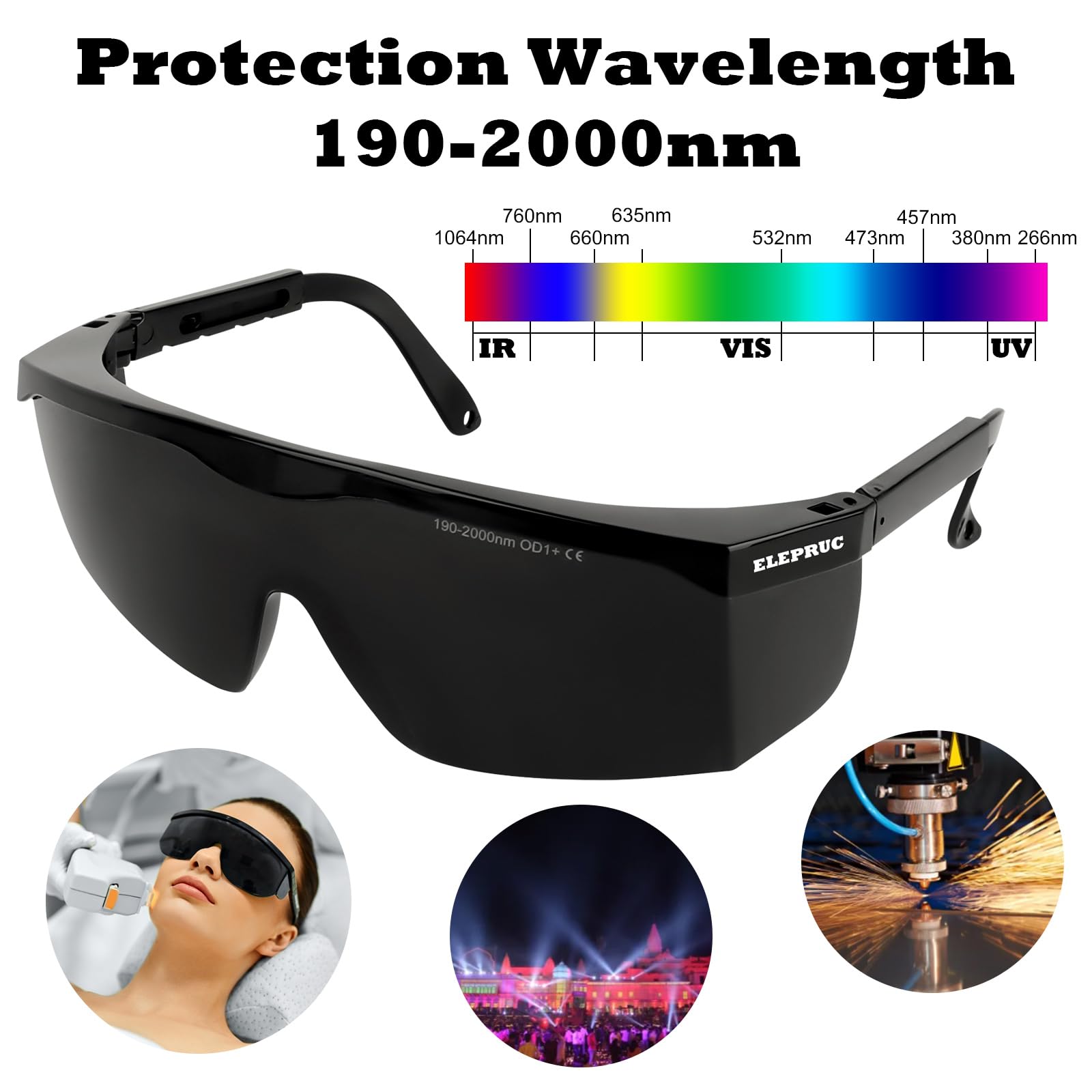 Okulary ochronne laserowe IPL 190 nm – 2000 nm, okulary ochronne UV, okulary ochronne laserowe do ochrony oczu i depilacji laserowej, opalania, terapii światłem czerwonym