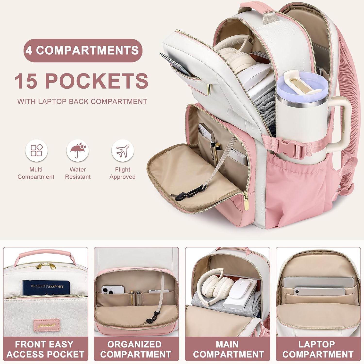 Laptop Backpack for Women Bookbag: 15.6 inch Work School Backpacks with Pouch Pocket for Large Capacity Cup & USB Charger College Book Bag Travel Business Nurse Teacher Bookbags Anti-theft Back Pack thumbnail