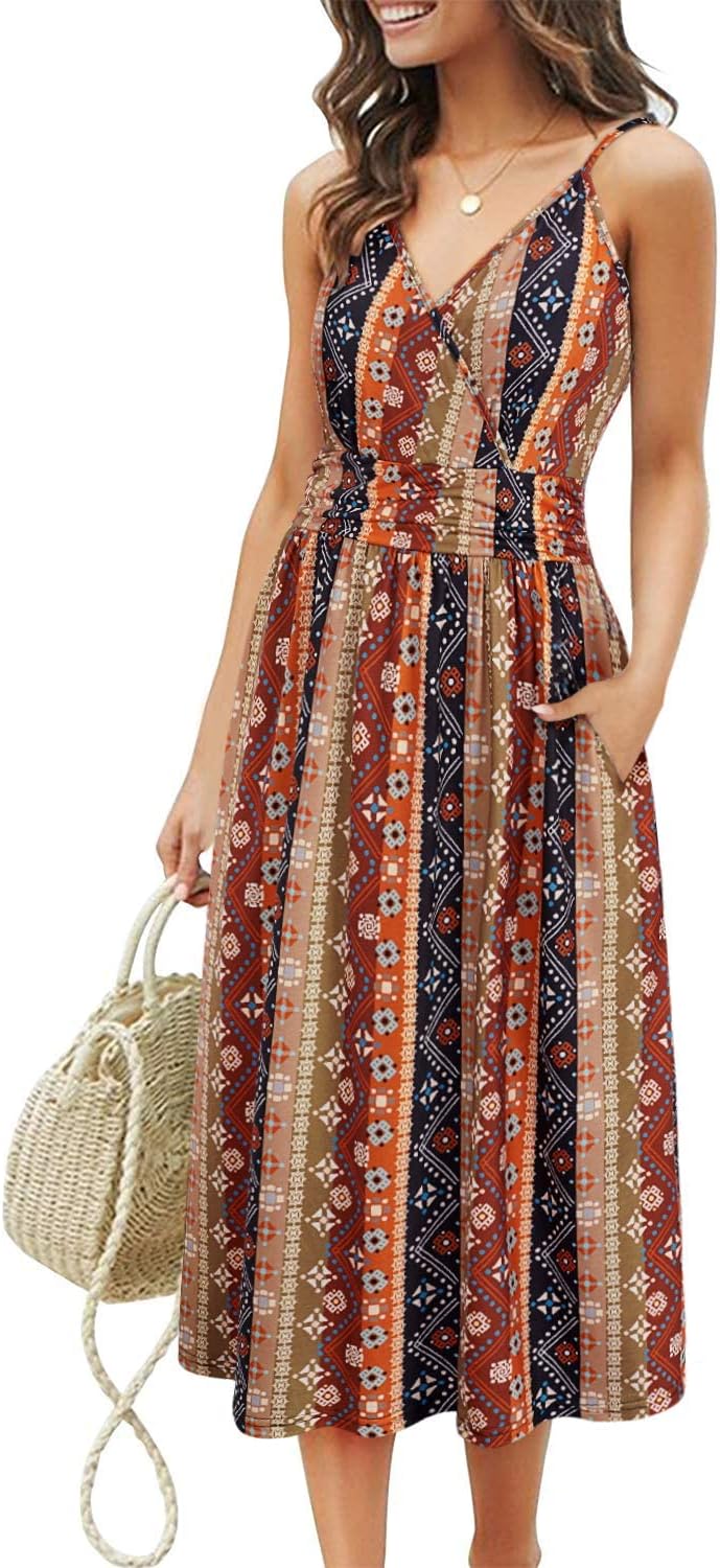 OUGES Women's Summer Spaghetti Strap V-Neck Floral Short Party Dress with Pockets