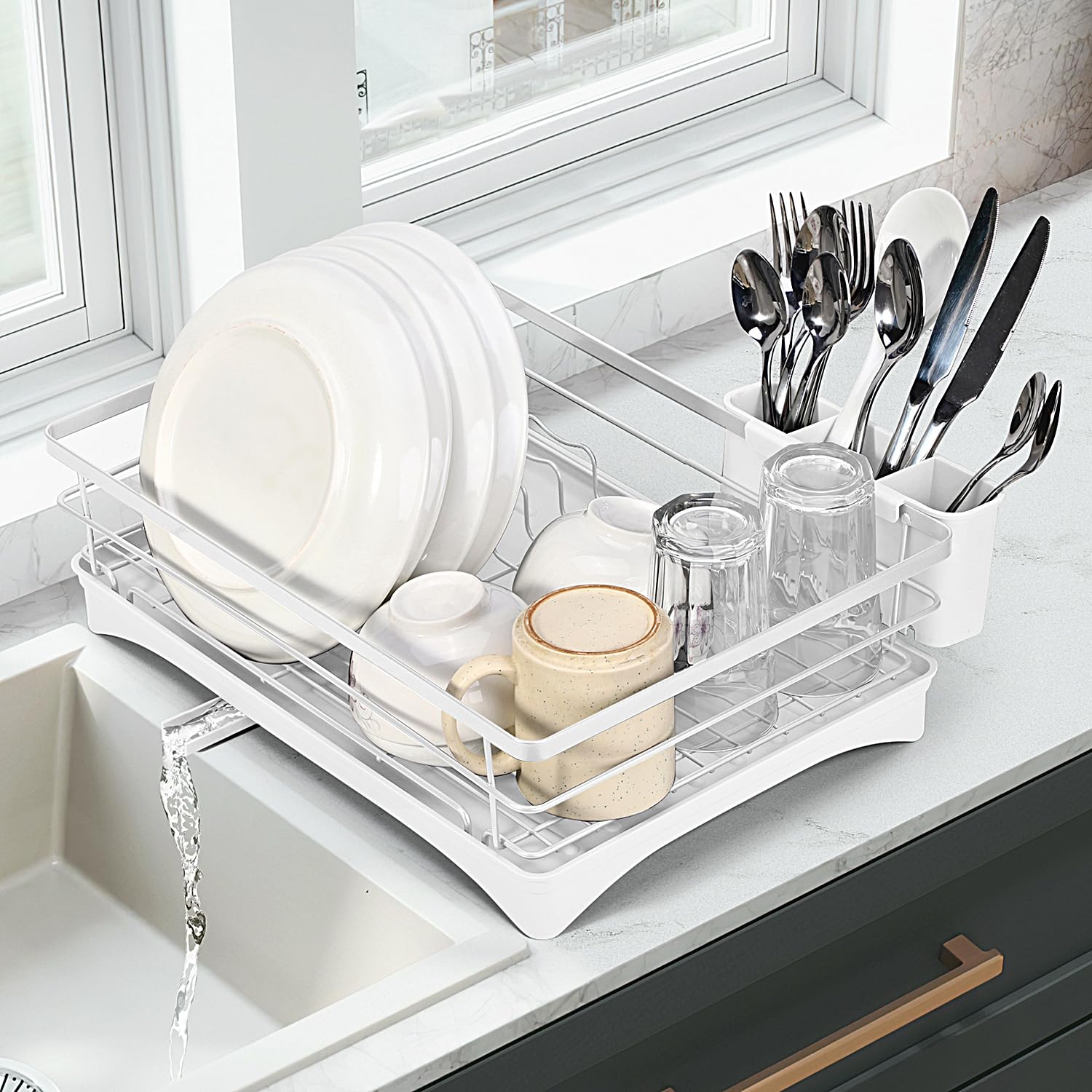 Vinsani White Dish Drainer Rack Space Saving Dish Drying Rack Sleek Modern Kitchen Drying Rack With Auto Drainage System Cutlery Holder For Kitchen Countertop (White)