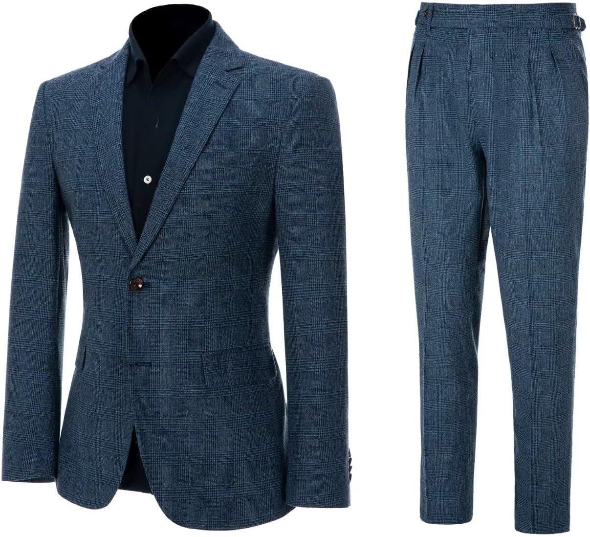 ROZU Tweed Plaid Mens Suit 2 Piece Set for Men Slim Fit Suit Blazer Pants Tuxedo Set for Casual Business