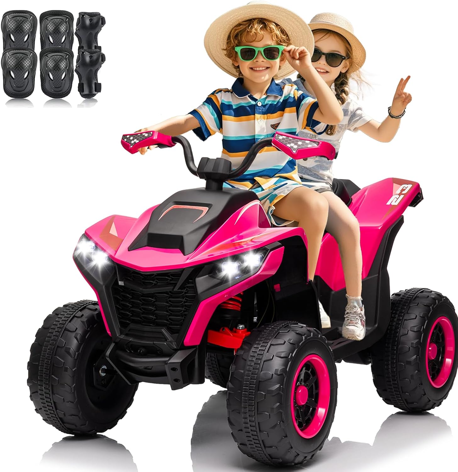 Kids ATV 4 Wheeler, 24V 2 Seater Electric ATV Quad w/4WD Motor, Protective Gear Set, Bluetooth, LED Lights, Spring Suspensions, Battery Powered Ride on Toys for Big Kids, Boys, Girls, Rosered
