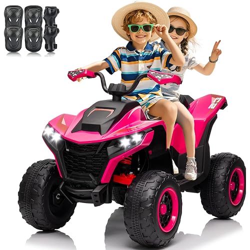 Kids ATV 4 Wheeler, 24V 2 Seater Electric ATV Quad w/4WD Motor, Protective Gear Set, Bluetooth, LED Lights, Spring Suspensions, Battery Powered Ride on Toys for Big Kids, Boys, Girls, Rosered
