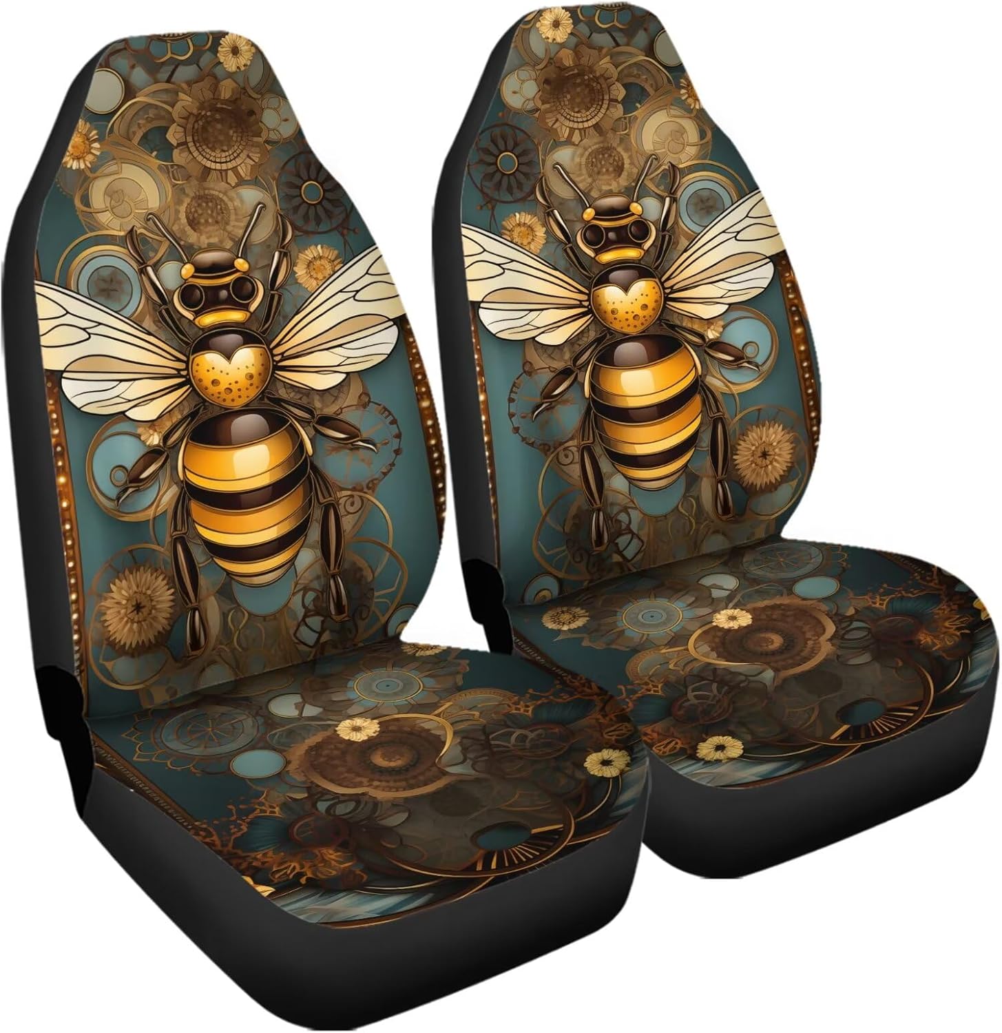 Bulopur Yellow Bees Gold Bohemian Flowers Blue Auto Seat Cover for Men Women, 2 PCS Vehicle Front Seats Car Accessories Interior Protection Suit All Seasons Use