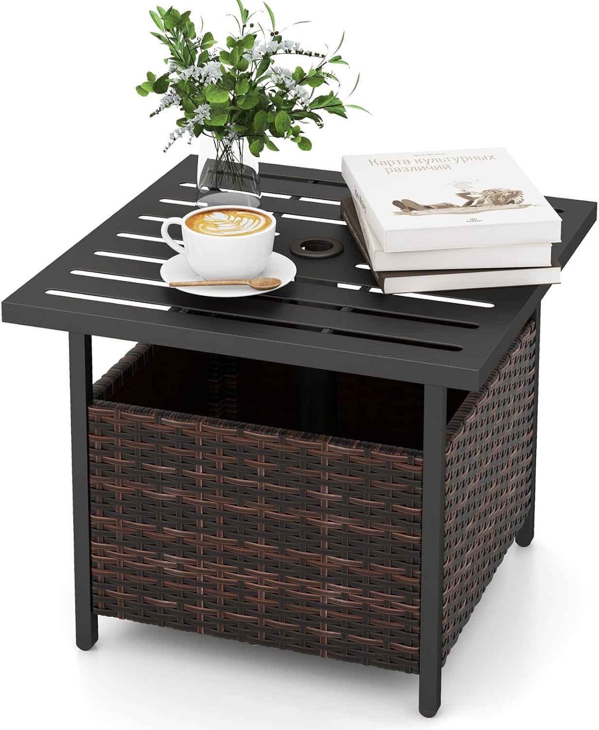 Giantex Outdoor Side Table with Umbrella Hole, 22" Wicker Umbrella Stand Holder and Base, Weather-Resistant PE Rattan Patio End Table for Deck Garden Poolside, Mix Brown (Metal Tabletop)