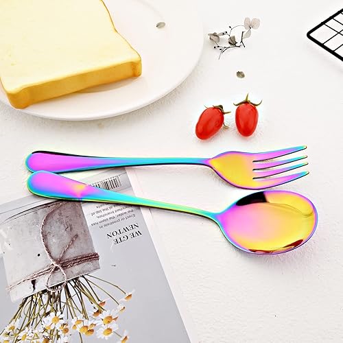 Miniatura 7 de Juego de cubiertos de acero inoxidable para anfitriona, 5 piezas, utensilios de servir arcoíris, incluye servidor de pasteles, cuchara de servir