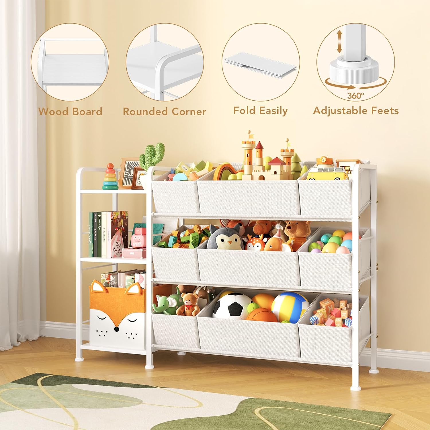BBLIKE Kids Bookshelf and Toy Storage Organizer with 9 Removable Fabric Bins, Toddler Book Shelf & Stuffed Animal Storage Rack for Playroom, Bedroom, Nursery, White