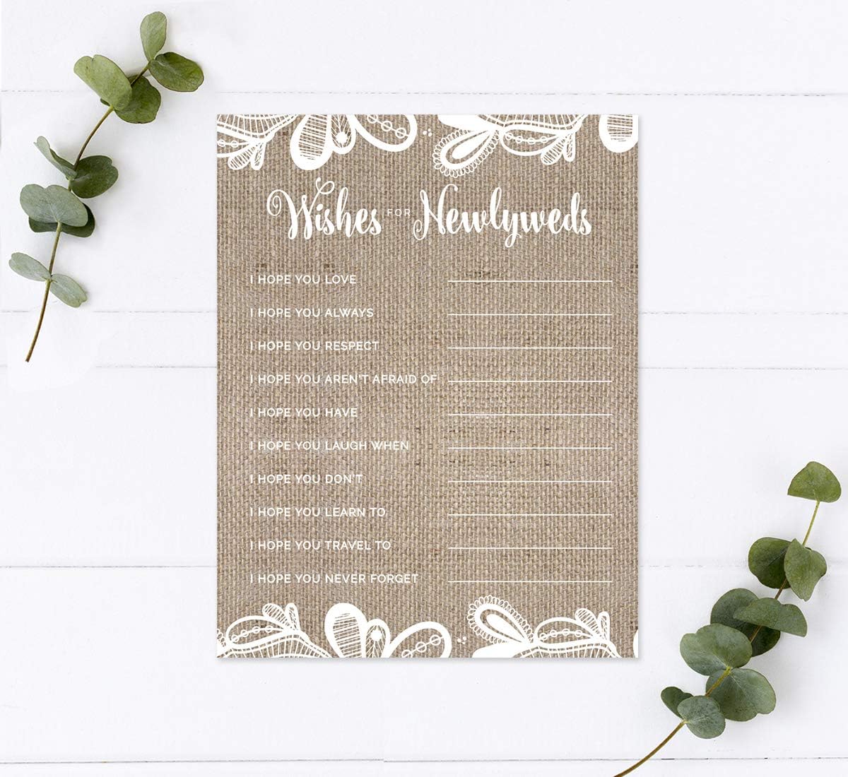 Andaz Press Burlap Lace Wedding Collection, Blank Bridal Shower Wedding Advice and Wishes Cards with Envelopes for Bride and Groom, Newlyweds, Mr and Mrs, Wedding Card Box, Reception, 20-Pack