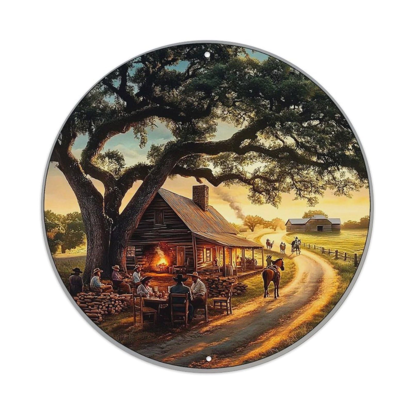 Rustic Cabin Scene With Tree And Horses Vintage Round Tin Sign Retro Metal Wall Decor Metal Poster, Home Bar Garage Cafe Wall Art Decoration 8x8Inches