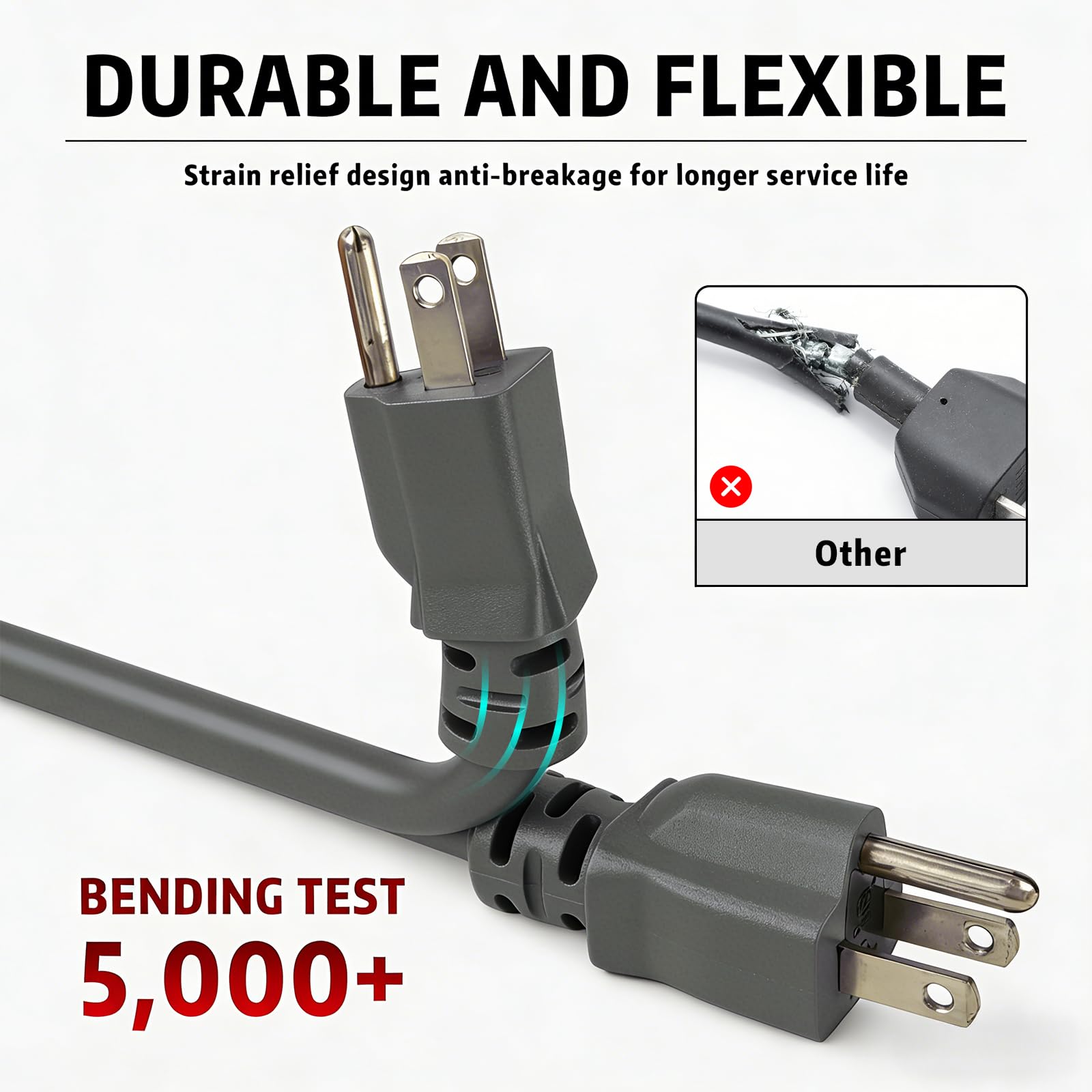 Cable de extensión para exteriores de 10 pies, 12/3 SJTW, cable de extensión gris resistente con enchufe de tierra de 3 clavijas, cable de alimentación para césped, jardín, electrodomésticos