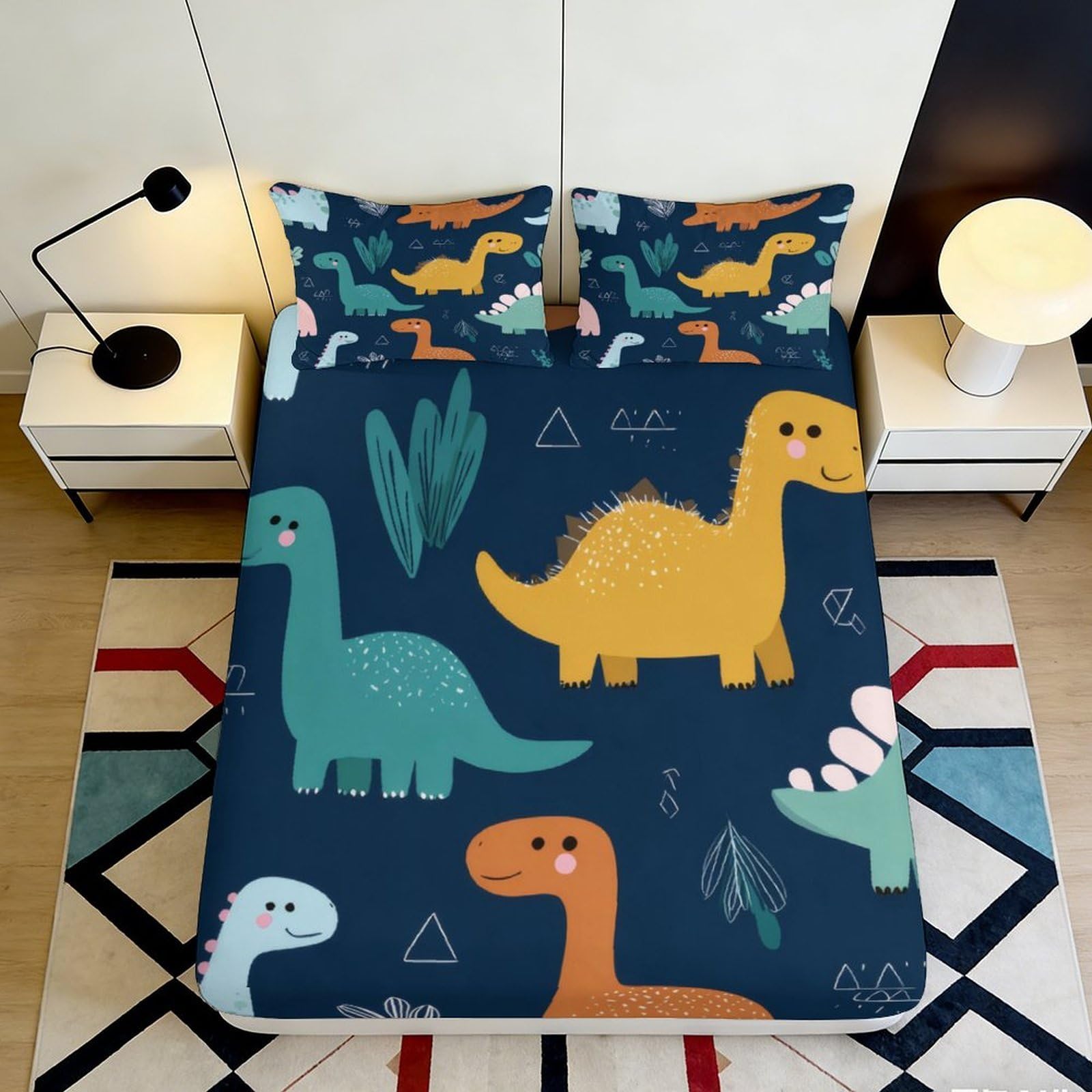 3D Printed Cartoon Dinosaur Fitted Sheet Microfiber Soft Non-Slip Bed Cover for Bedroom Guest Room Decor Easy Care 90x200x25cm