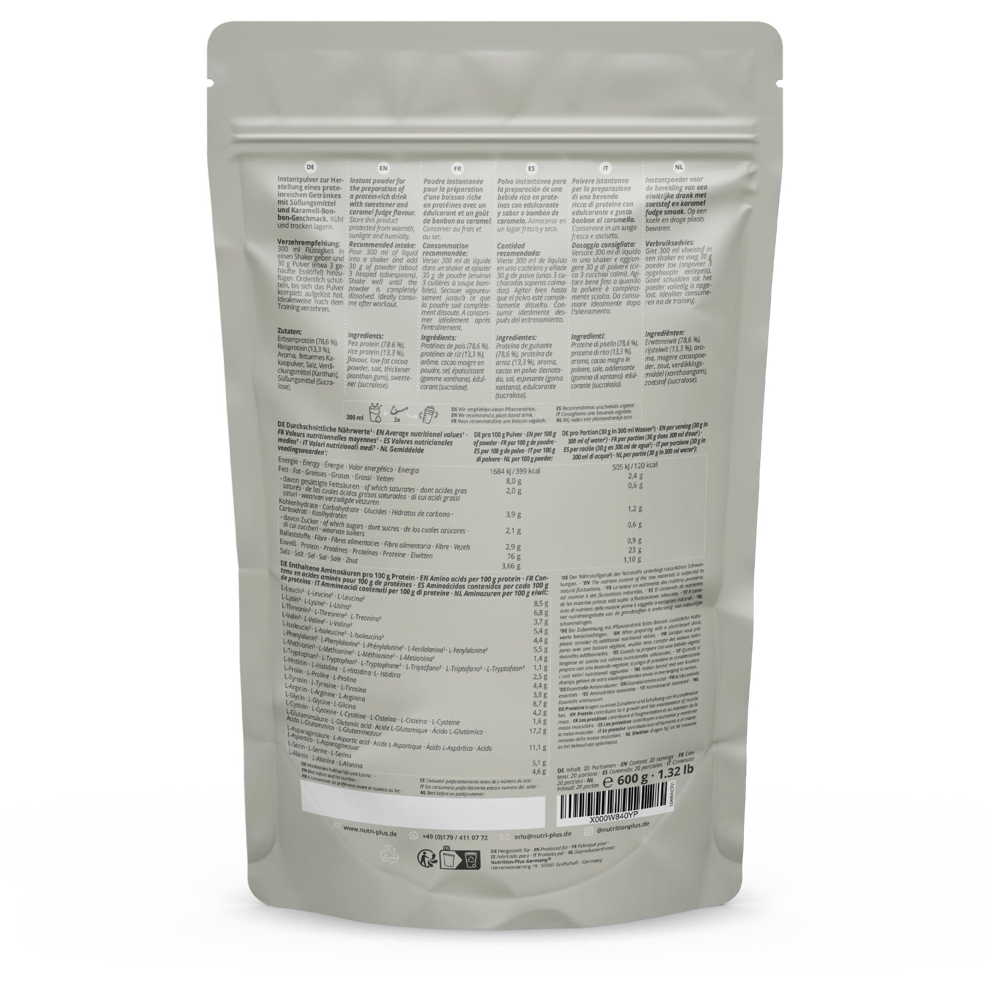 Proteine Vegane in Polvere Senza Soia, Glutine, Lattosio - Caramel Fudge 600 g - Nutri + Pea Rice Protein Caramel Protein Powder vegano - senza soia e a basso contenuto di zuccheri