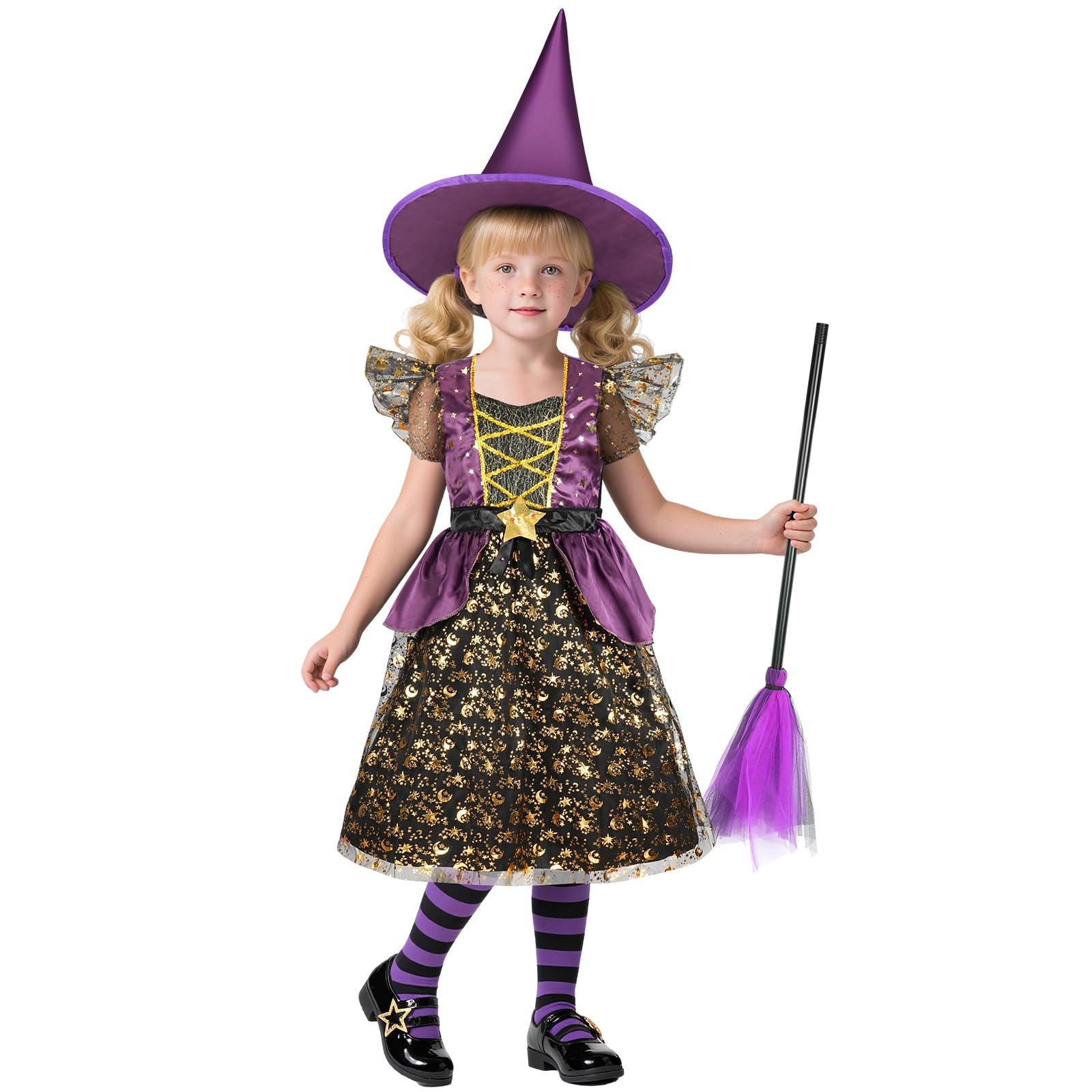 BSBUY Kid Witch Costume Halloween Glitter Witch Fancy Dress Up for Girls Purple Witch Princess Dress Witch Outfit Costume with Hat Broom Tattoo Belt for Wizards Carnival Reading Day Christmas(M)