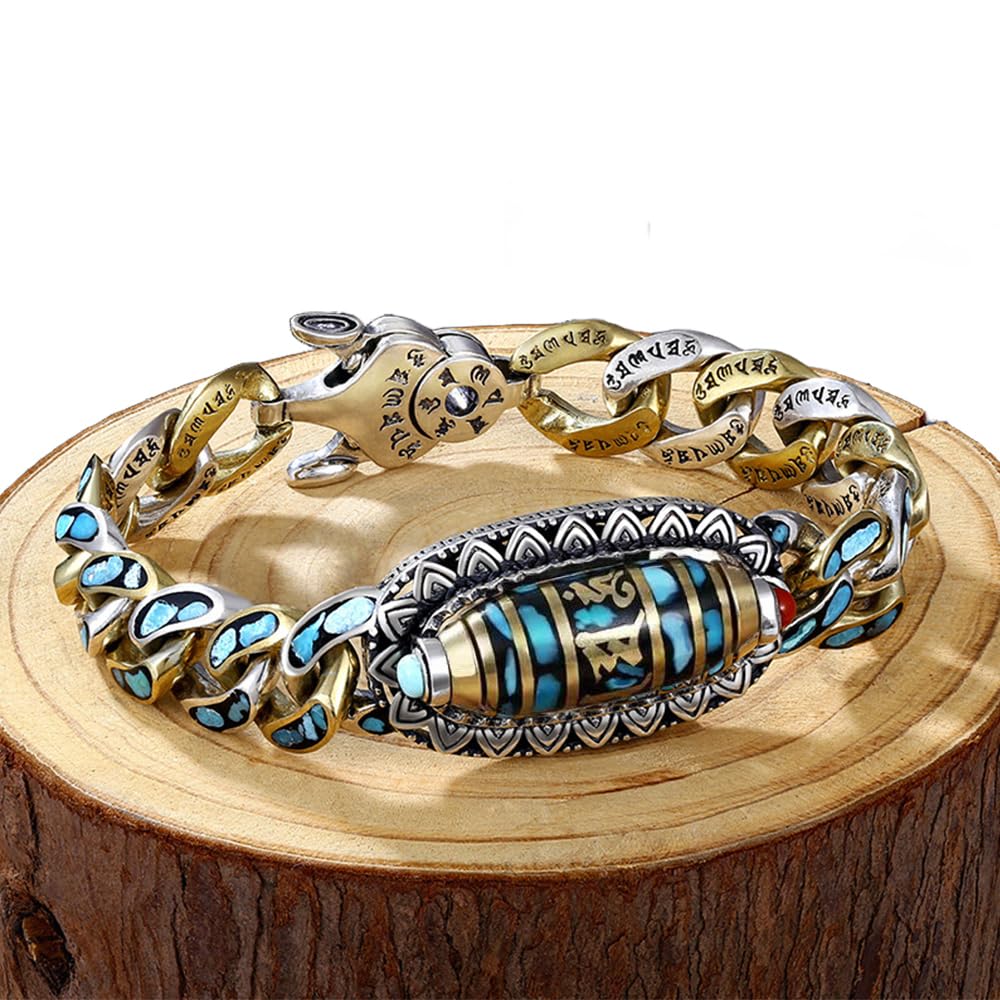 Keyuli Men's B Turquoise Six-Character Mantra Nine-Eyed Dzi Ead Racelet, Turquoise Nine Eye Ead Good Luck Angle Racelet, Tibetan Six-Character Mantra Amulet Uddha Racelets (,20Cm)