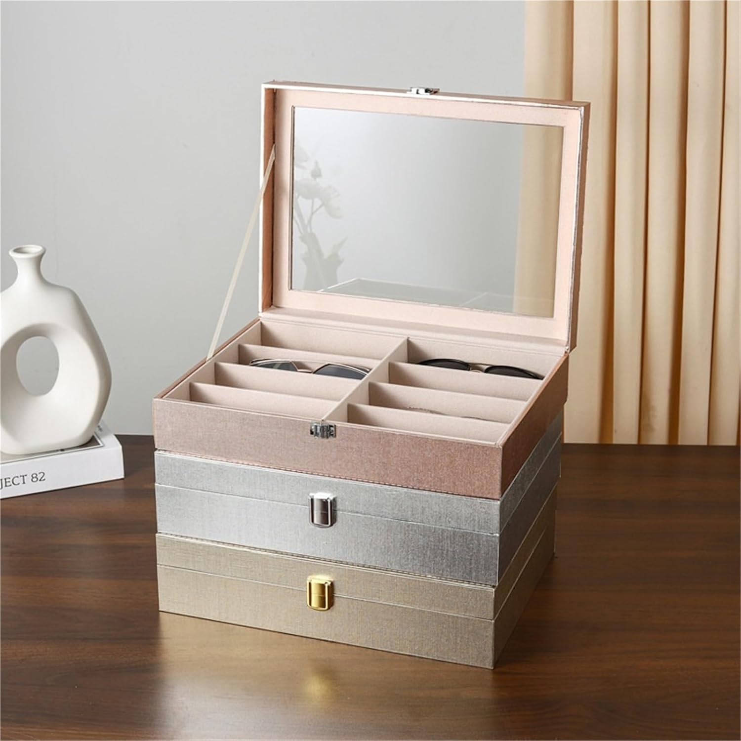 Eyewear Display Case, Eyeglass Sunglass Organizer See-through Display Case Multiple Pairs Glasses Jewelry Box Multi-Eyewear Storage Holder(Rose Gold)
