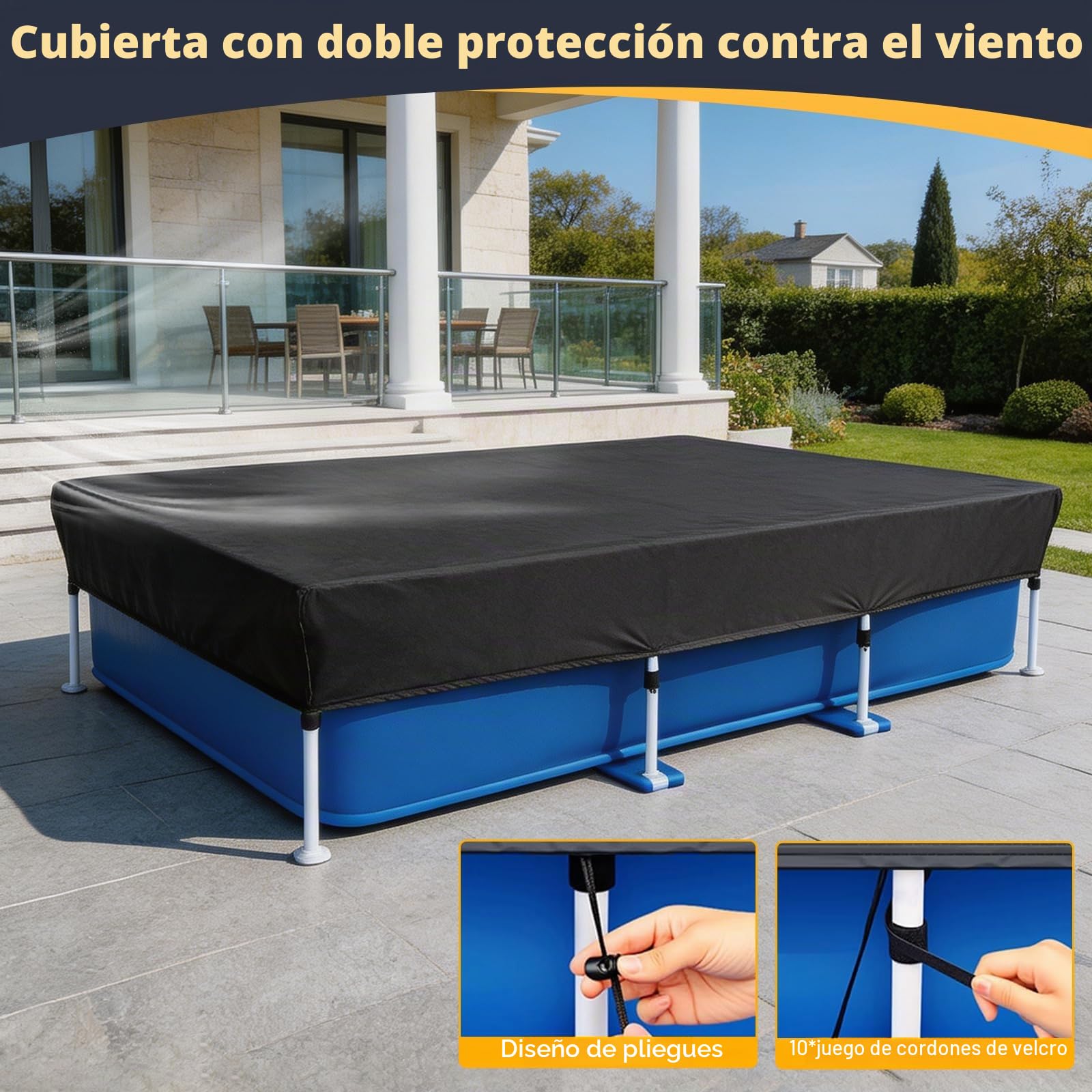 Cubierta de piscina rectangular, con cordones, para piscina con marco rectangular, resistente al polvo, impermeable, cubierta de piscina rectangular, protección UV, marco de piscina (400 x 215 cm)