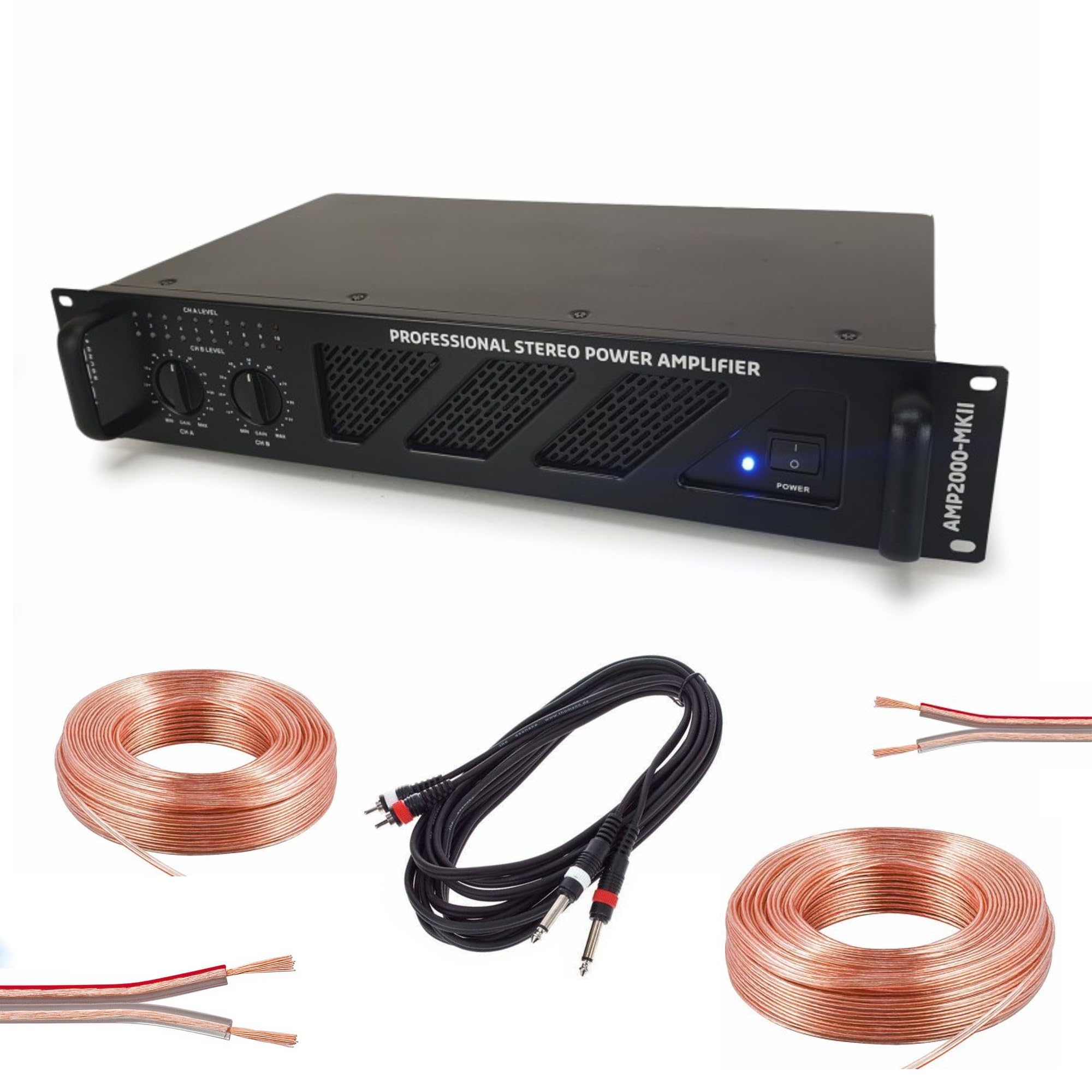Ibiza Sound - Amplificatore Sono, 2 x 1500 W, AMP2000MKII, cavo HP altoparlante 3 m, cavo RCA/Jack DJ Speakon Serata