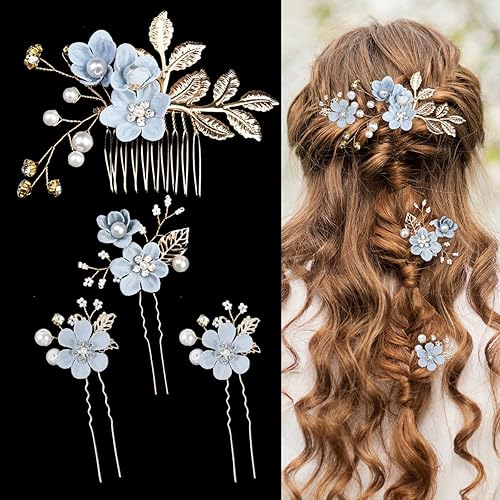 4 horquillas para el cabello de flores de boda, con diamantes de imitación, peinetas de novia, horquillas de pelo vintage, accesorios para el