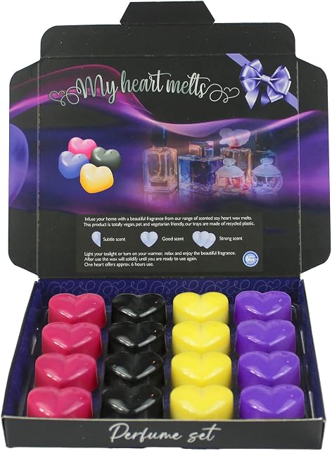 Mixed Perfume Wax Melts: 16 Heart Shaped Melts in a Presentation Gift Box, 4 pcs Each of Angel, Alien, Black Opium and Creed,Vegan & Pet Friendly, Cruelty Free