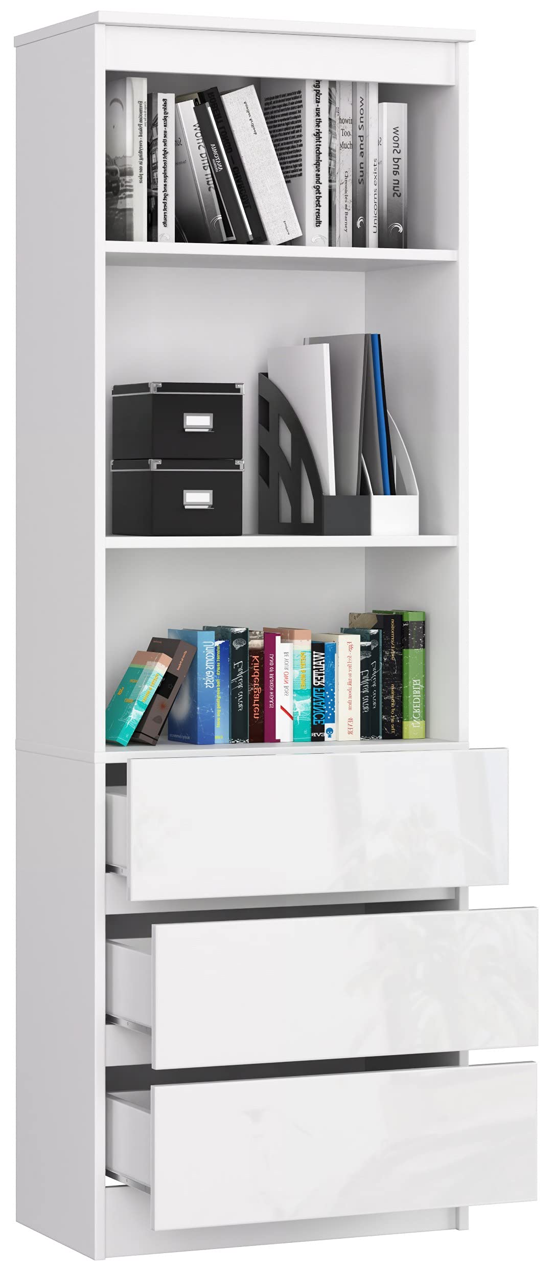 AKORD | Librería CLP 60 cm | Mueble con 3 cajones 3 estantes | Documentos Oficina | Porta Libros | Mueble de Dormitorio | Estante de Sala de Estar | Ahorra Espacio | Blanco | Blanco Brillante