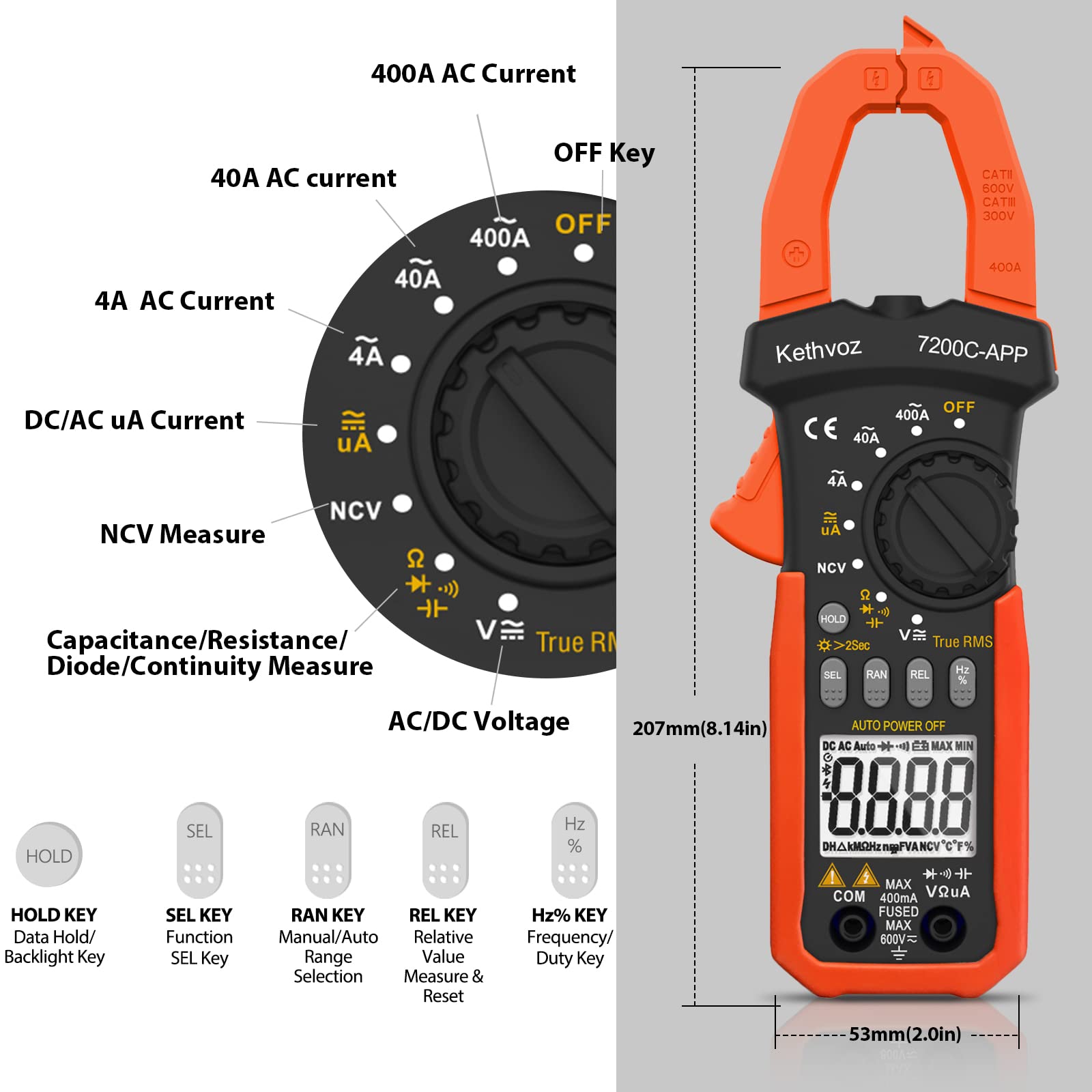 Bluetooth Stromzange Clamp Meter, Kethvoz 4000 Counts TRMS Zangenmultimeter Auto Range Messung 0-400A DC/AC Strom Spannung Ohm Kapazität Durchgang NCV, Digitale Zangenamperemeter