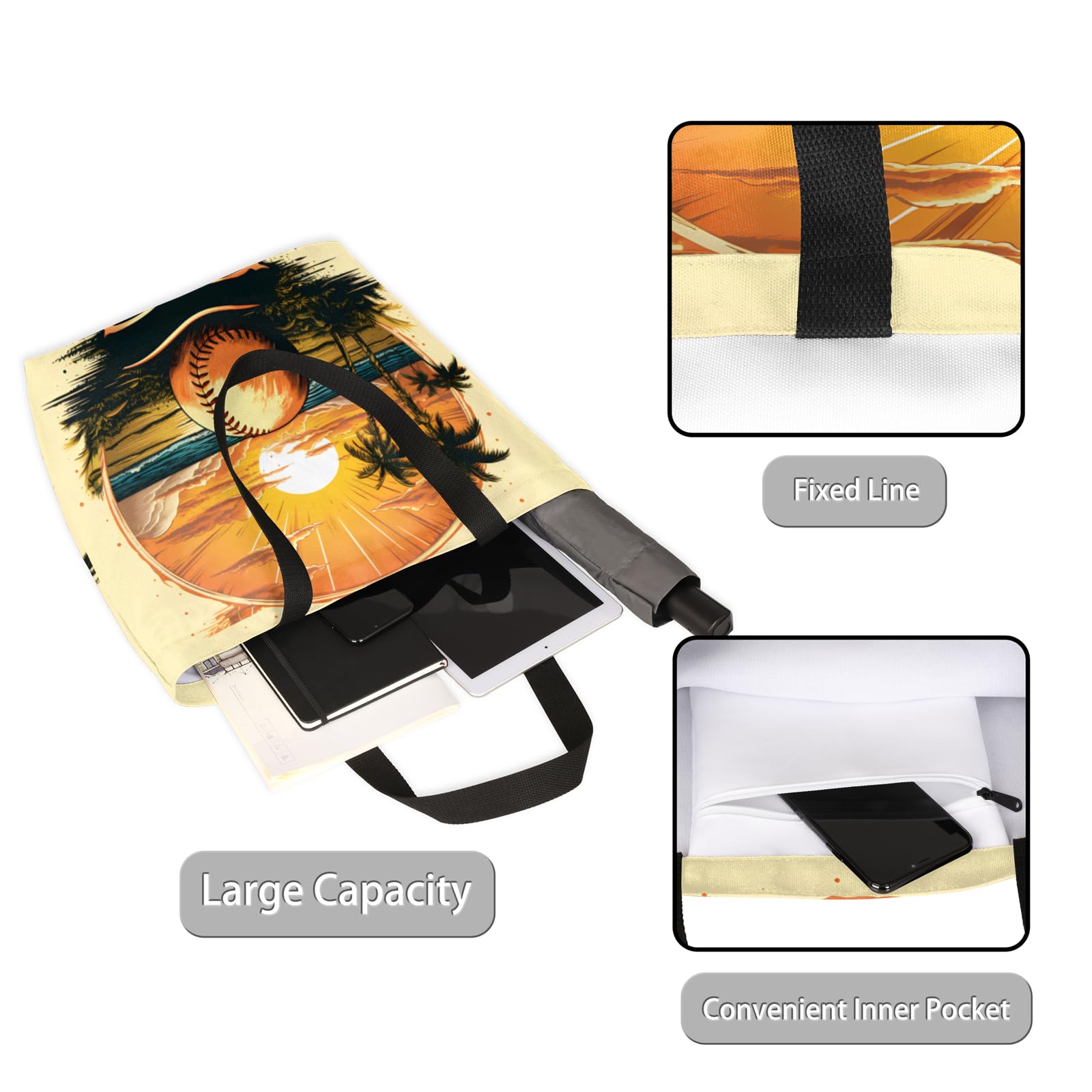 Mularoka Sunset Coconut Volleyball Large Capacity Canvas Tote Bag Stylish Handheld Shoulder Bag Reusable Shopping Bag for Work Travel Beach Trips Shopping