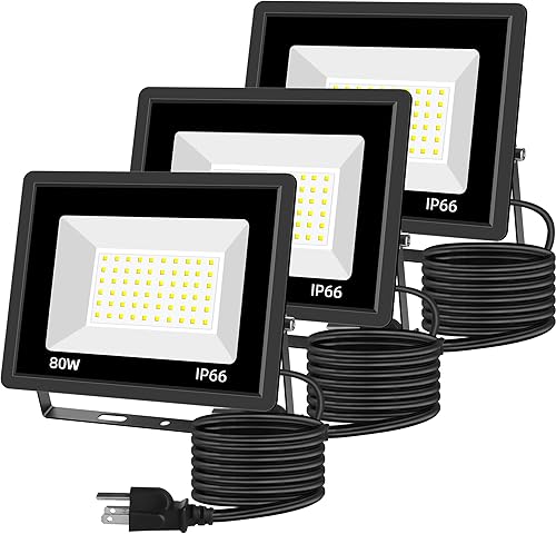 Paquete de 3 focos LED de 80 W, luces de seguridad exteriores superbrillantes, luz de inundación impermeable IP66, 10,400 lm 5000 K, luces de