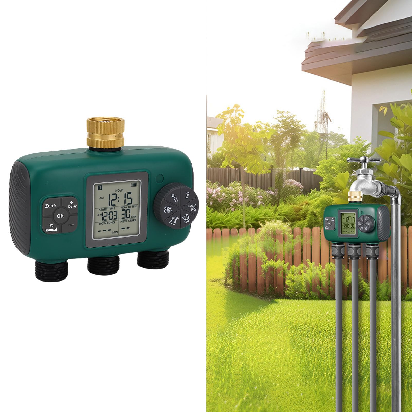 Timer per irrigazione con 3 uscite e connettori in ottone per un controllo efficiente dell'irrigazione in giardino, display LCD impermeabile, 1 unità