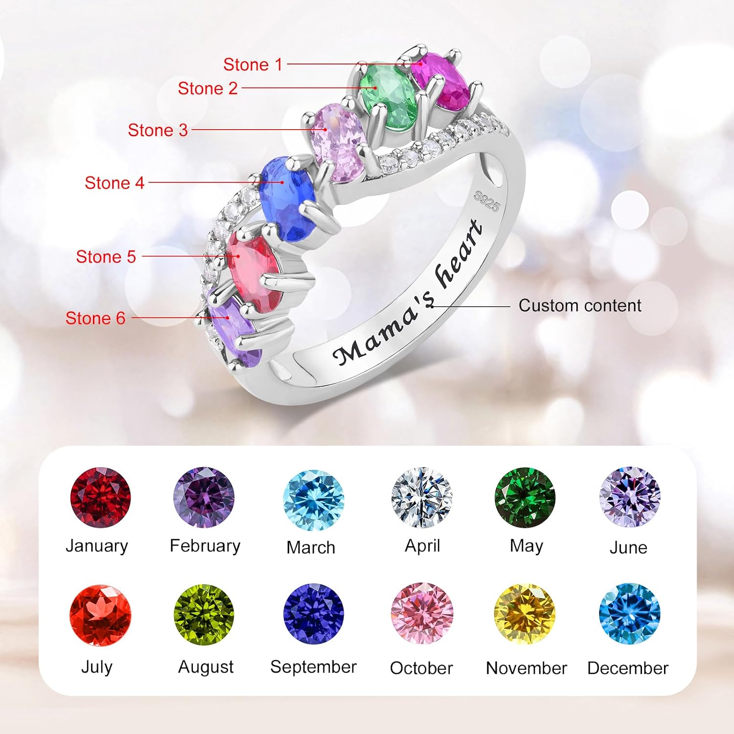Personalized S925 Sterling Silver Ring Birthstone Rings for Women Customized Family Ring with 1-6 Birthstones Infinite Band Mothers Ring Gift for Mother's Day Christmas