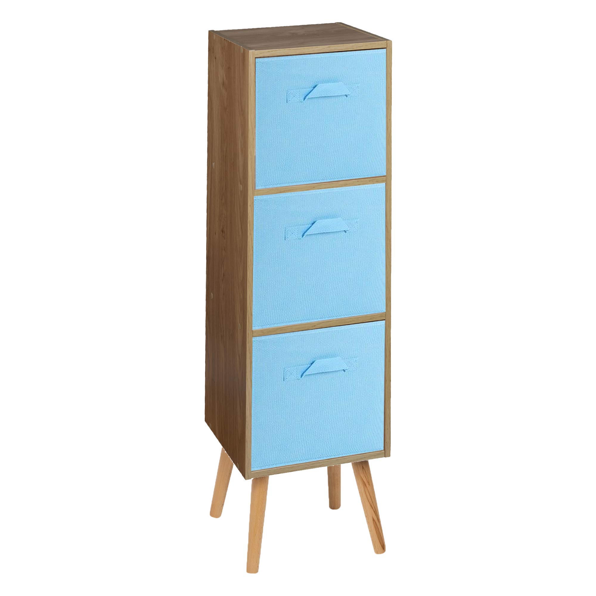 URBNLIVING Wooden Storage 3 Tier Bookcase Scandinavian Style BEECH Legs Unit With Drawers (Oak Bookcase, Sky Blue Insert)