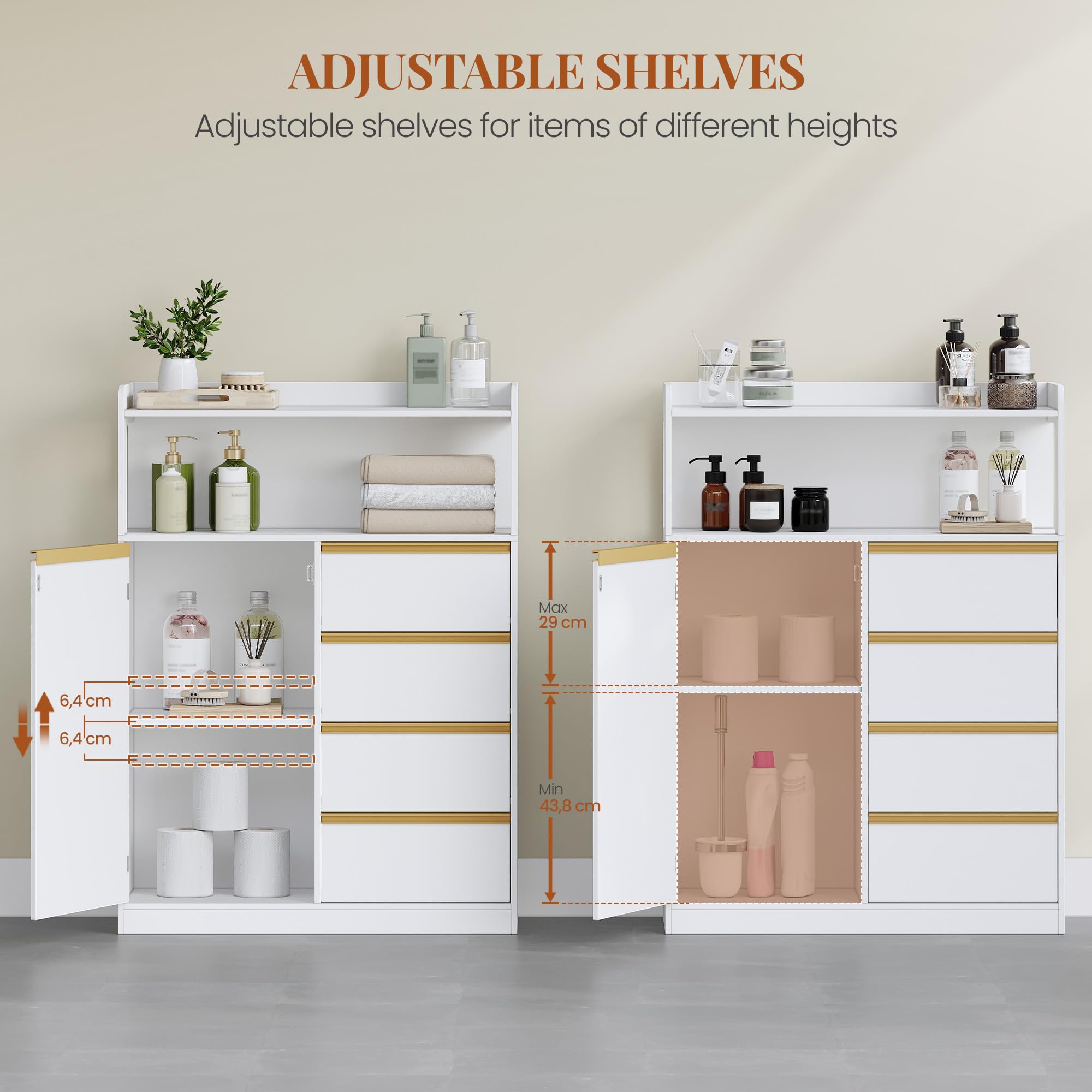 HEXCELEN Mobile da Bagno, Armadietto Autoportante, con 4 Cassetto e Ripiano Regolabile, Armadietto da Salvaspazio con Cassetto Spazioso, per Bagno, Soggiorno, Corridoio, Bianco-Oro, 30x80x110cm