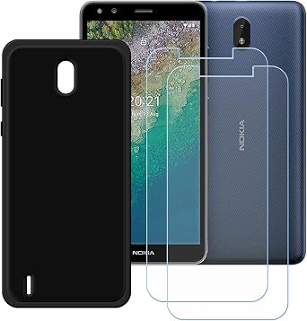 Black Cover for Nokia C01 Plus + [2 Pack] HD Tempered Glass, Silicone Shell TPU Bumper Protective Back Case - Scratch Screen Protector for Nokia C01 Plus 5,45"