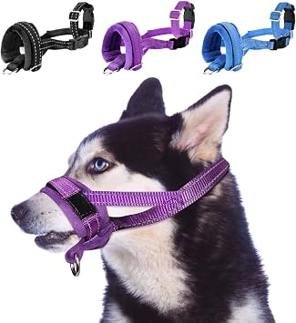 SlowTon Soft Dog Muzzle, Adjustable Padded Nylon Muzzle for Large Medium Dogs Anti Chewing Barking Biting, Allow Dog Pant & Drink Purple, L