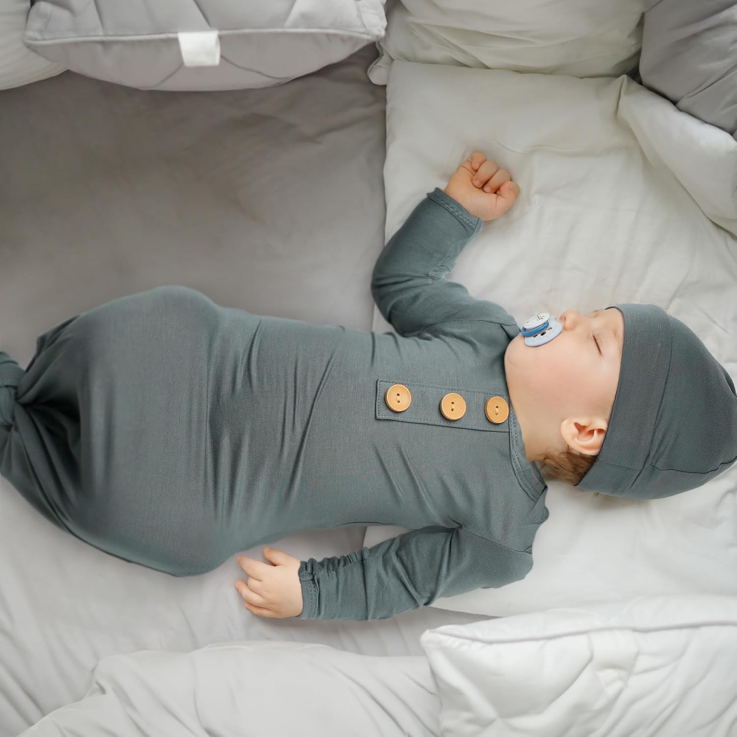 Soft Baby Knot Gown 0-3 Months, Newborn Announcement Sleepers With Mitten Cuffs and Personalized Wooden Name Tag - Image 2