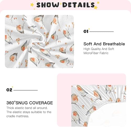 Miniatura 4 de Sábanas para cuna de pájaros y bayas, sábanas ajustables elásticas para cuna para niños y niñas, sábana unisex acogedora para cuna de bebé, 27 x 39